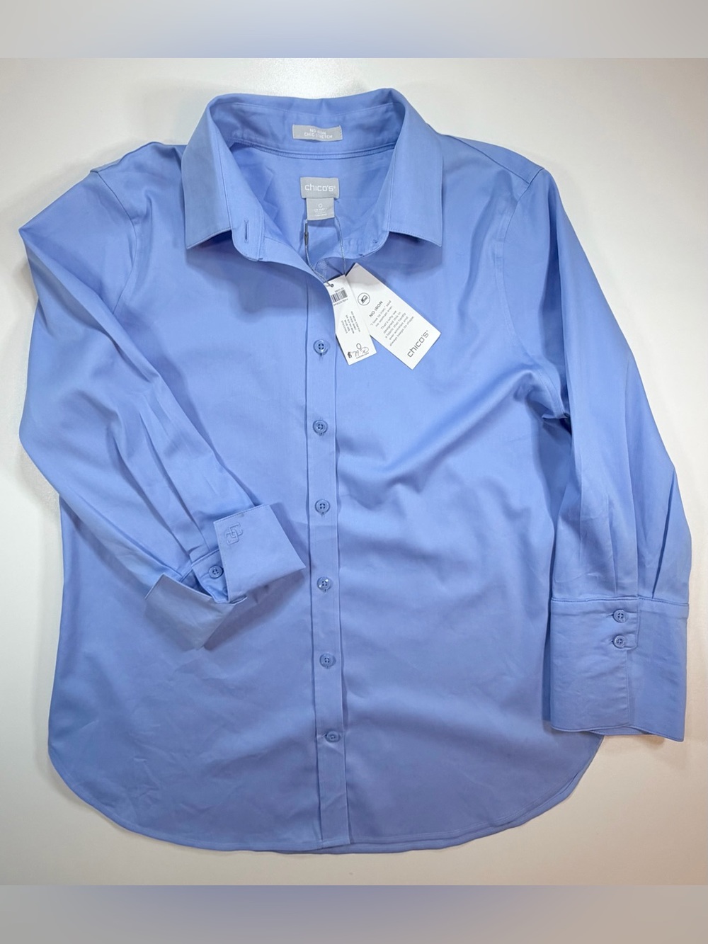 Chico's NO IRON Chic Stretch Shirt Top Blue Button Up 3/4 Sleeve Sz 0 S 4 NWT - Picture 3 of 12